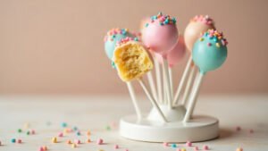 Soft pastel cake pops with sprinkles on a cake pop stand